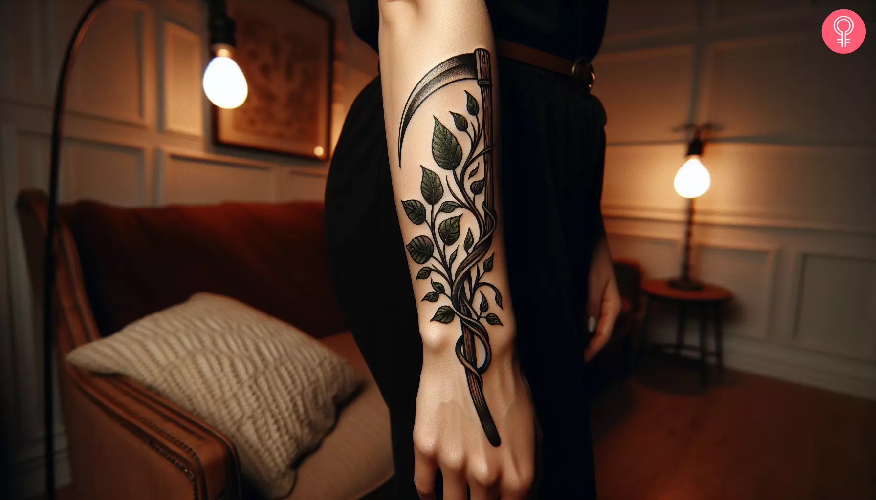 A scythe tattoo intertwined with vines on the back of the hand