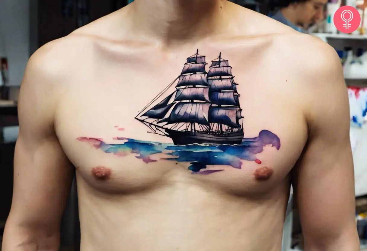 Ship tattoo on the chest of a man