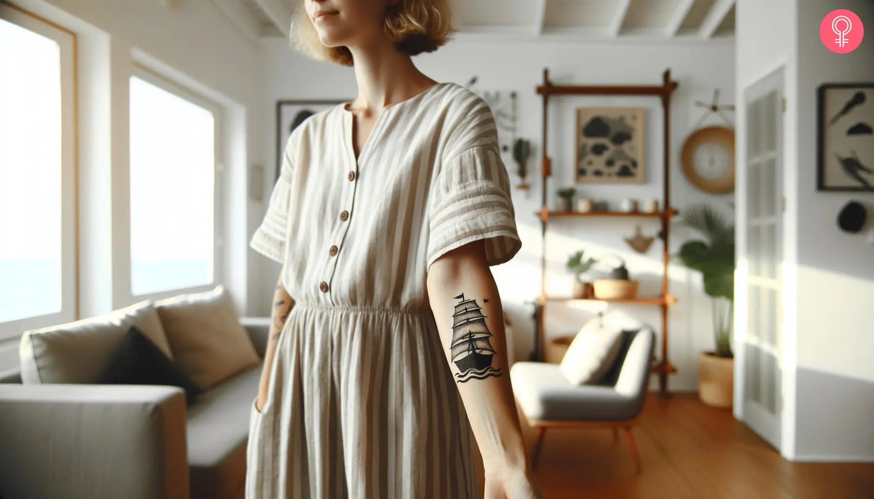 Ship tattoo on the forearm of a woman