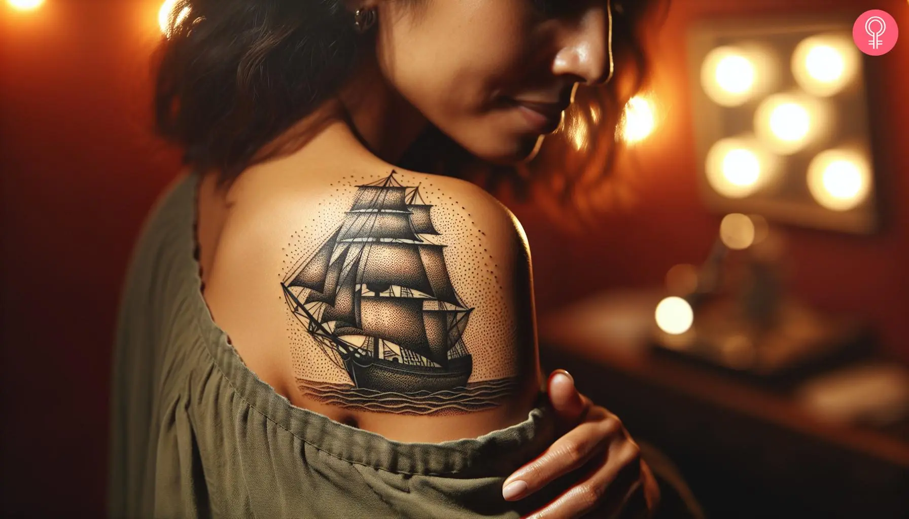 Ship tattoo on the shoulder of a woman