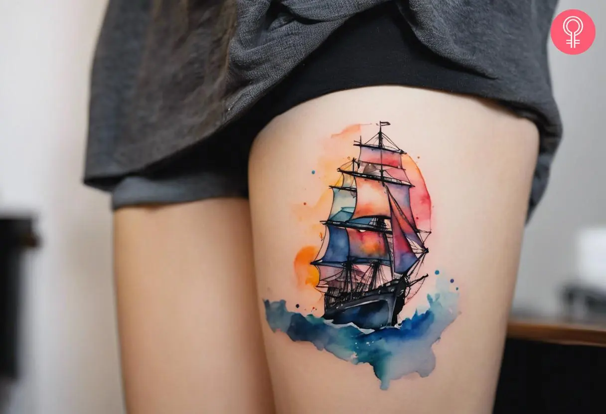 Ship tattoo on the thigh of a woman