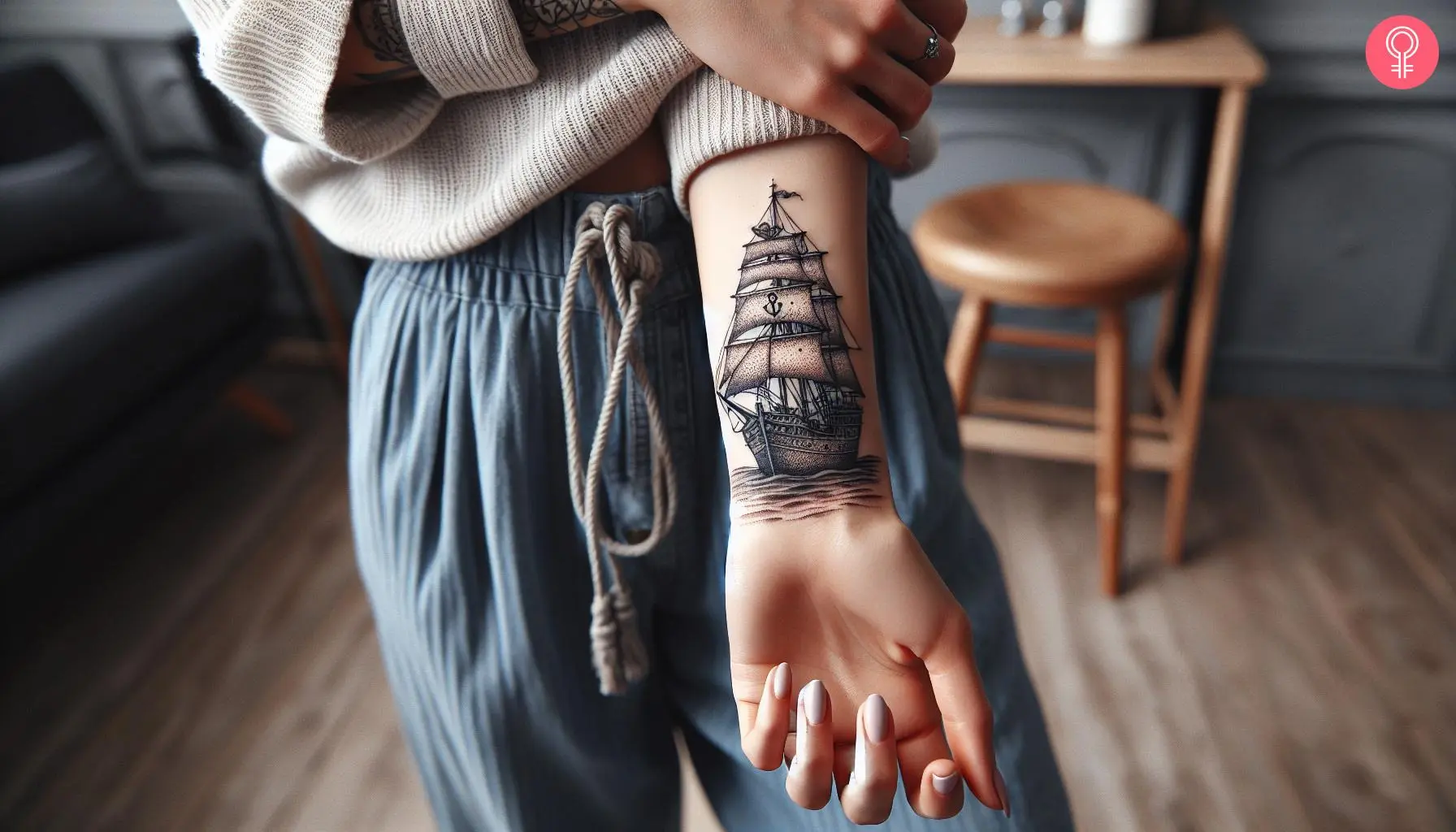 Ship tattoo on the wrist of a woman