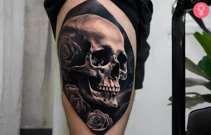 skull and rose tattoo on side thigh