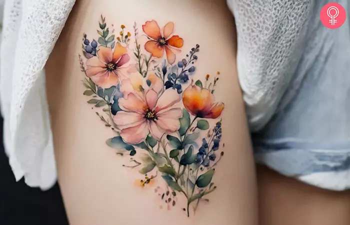 Wildflowers side thigh tattoo for women