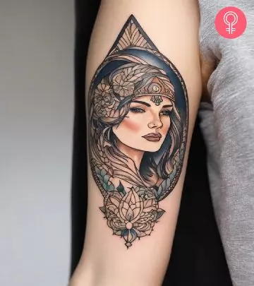 Woman with a joker tattoo on the lower arm