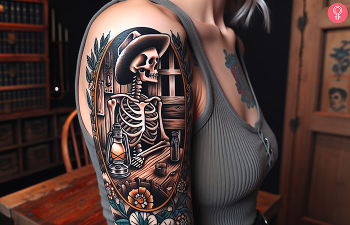 Skeleton cowboy tattoo on the arm