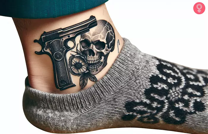 Woman with skull and gun tattoo on her ankle