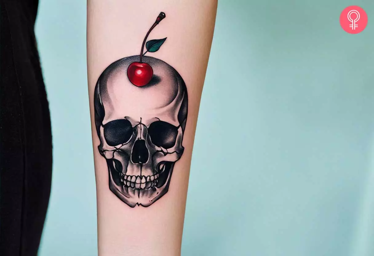 Skull cherry tattoo on the forearm