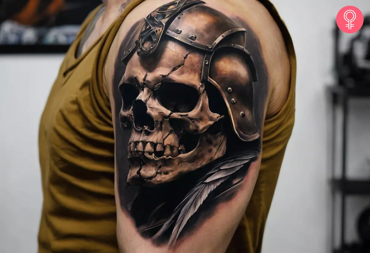 Skull gladiator tattoo on the upper arm