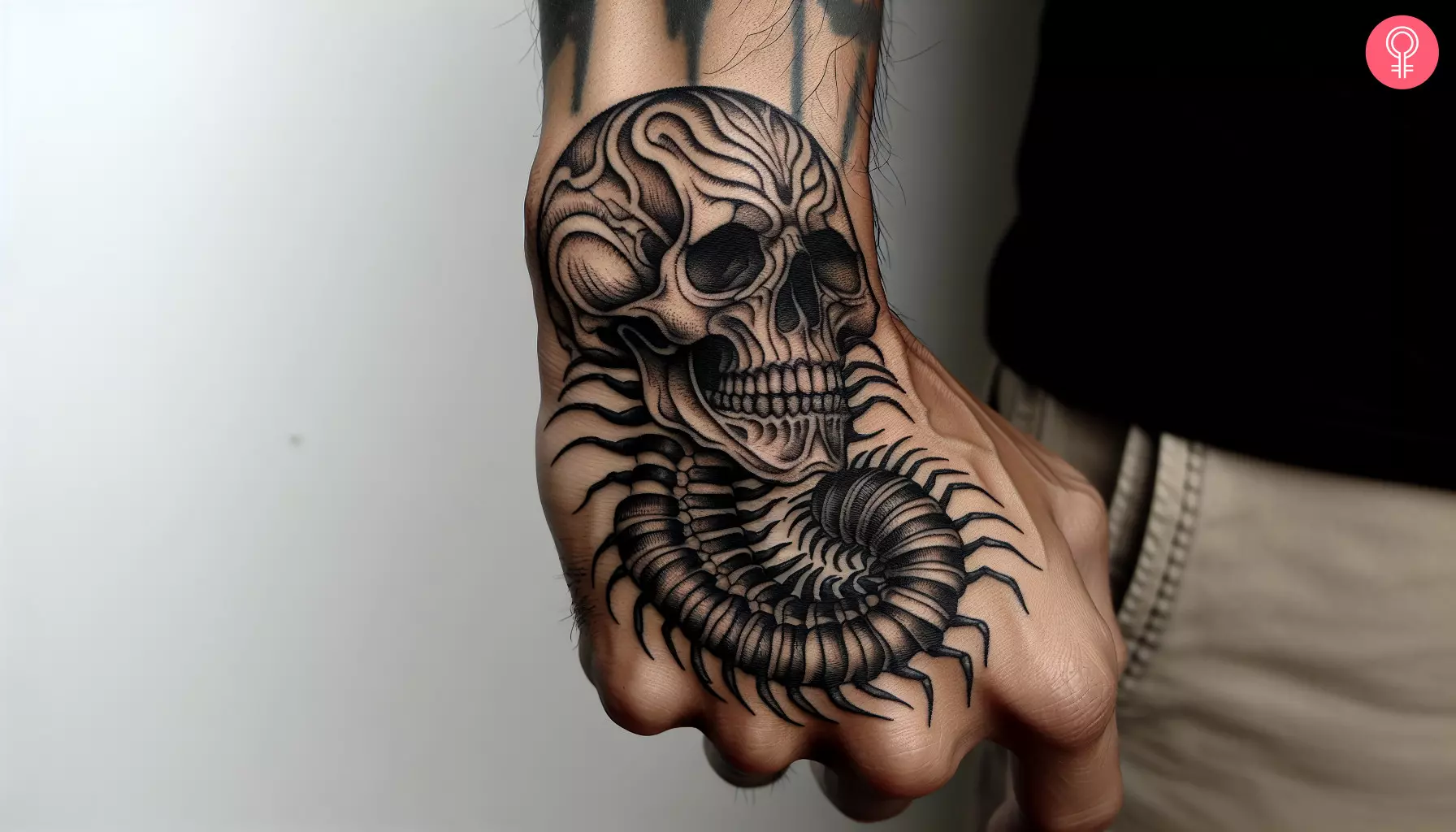 Skull centipede tattoo on the back of the palm