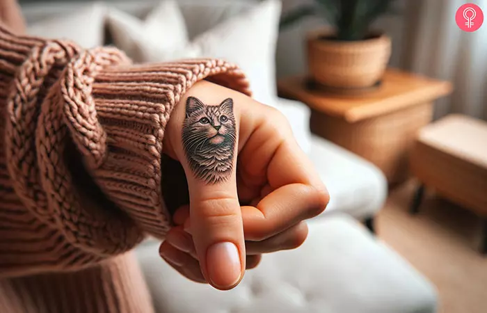 A small cat tattoo on the thumb