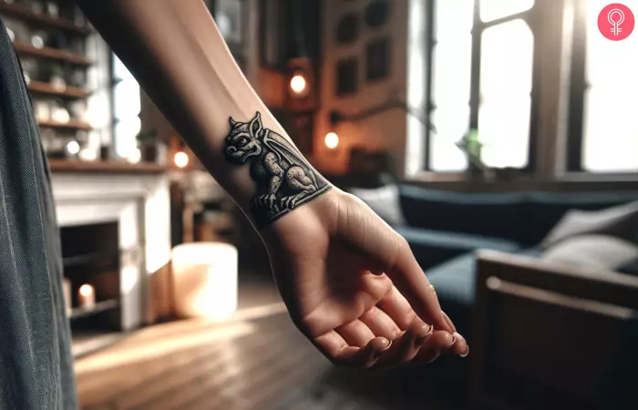 A small gargoyle tattoo on the wrist of a woman