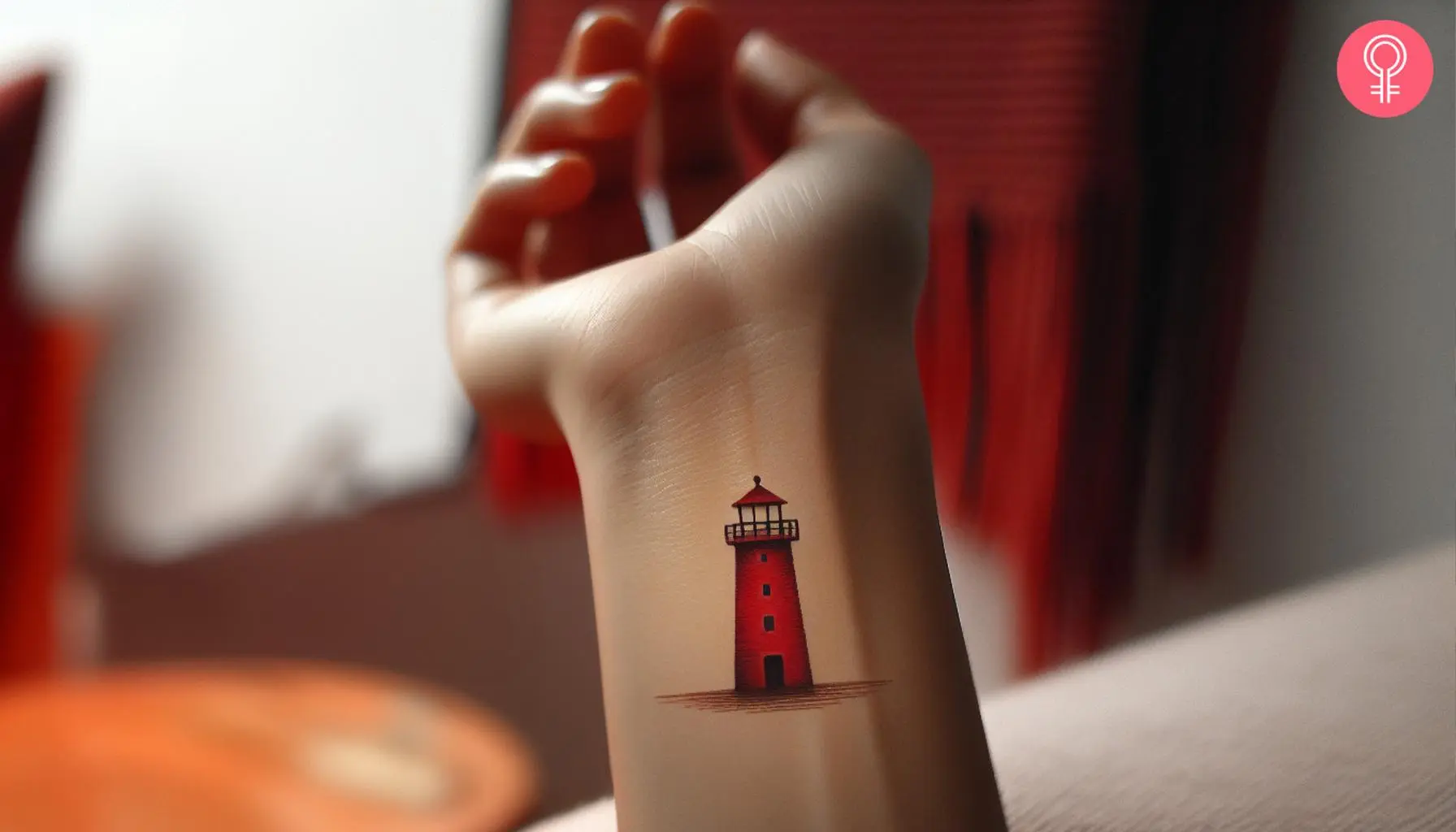 A small red lighthouse tattoo on a woman’s wrist