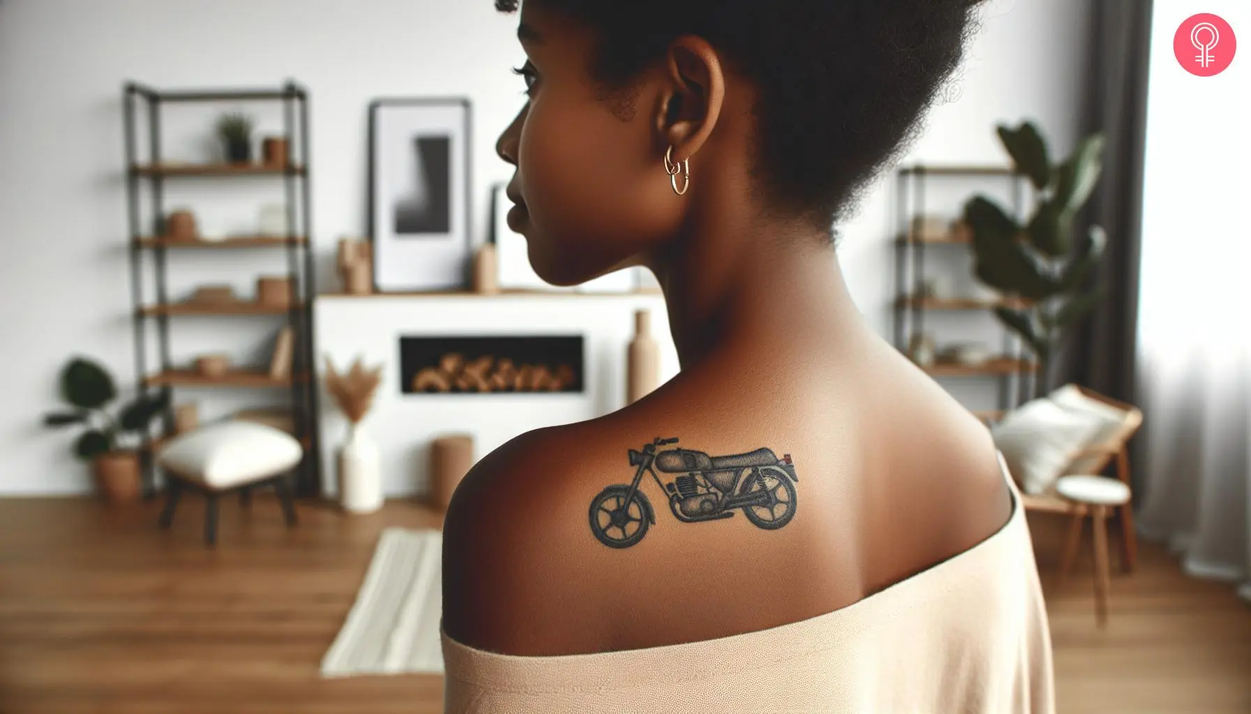 A small motorcycle tattoo above the shoulder blade of a woman