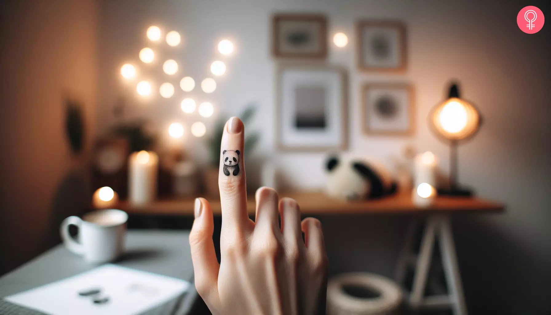 A small panda tattoo on a woman’s index finger