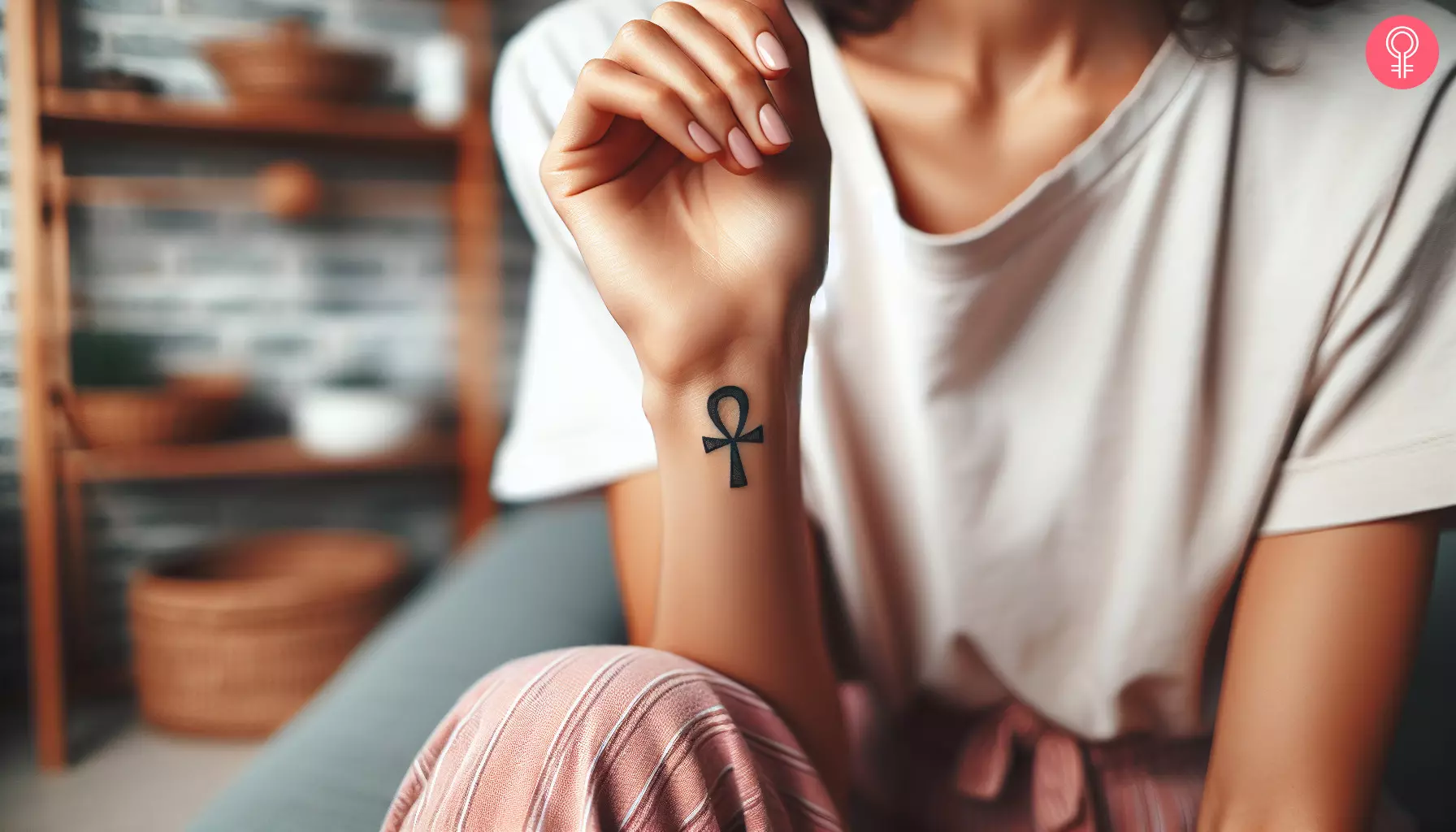 Small ankh tattoo on a woman’s wrist