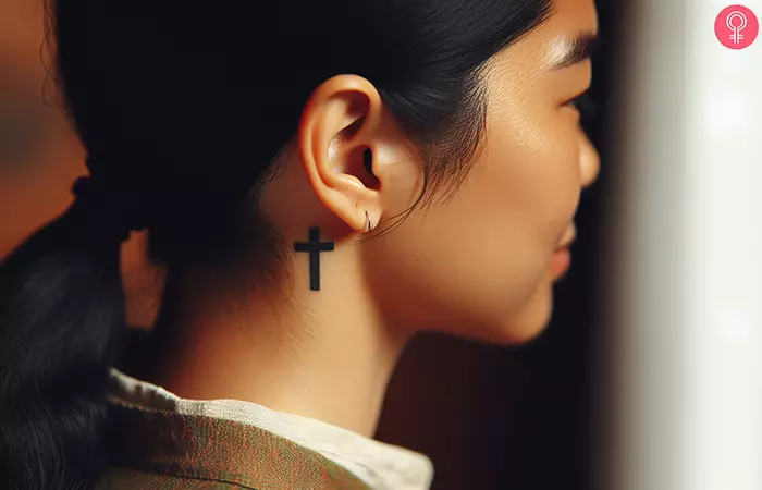 Small cross tattooed behind the ear