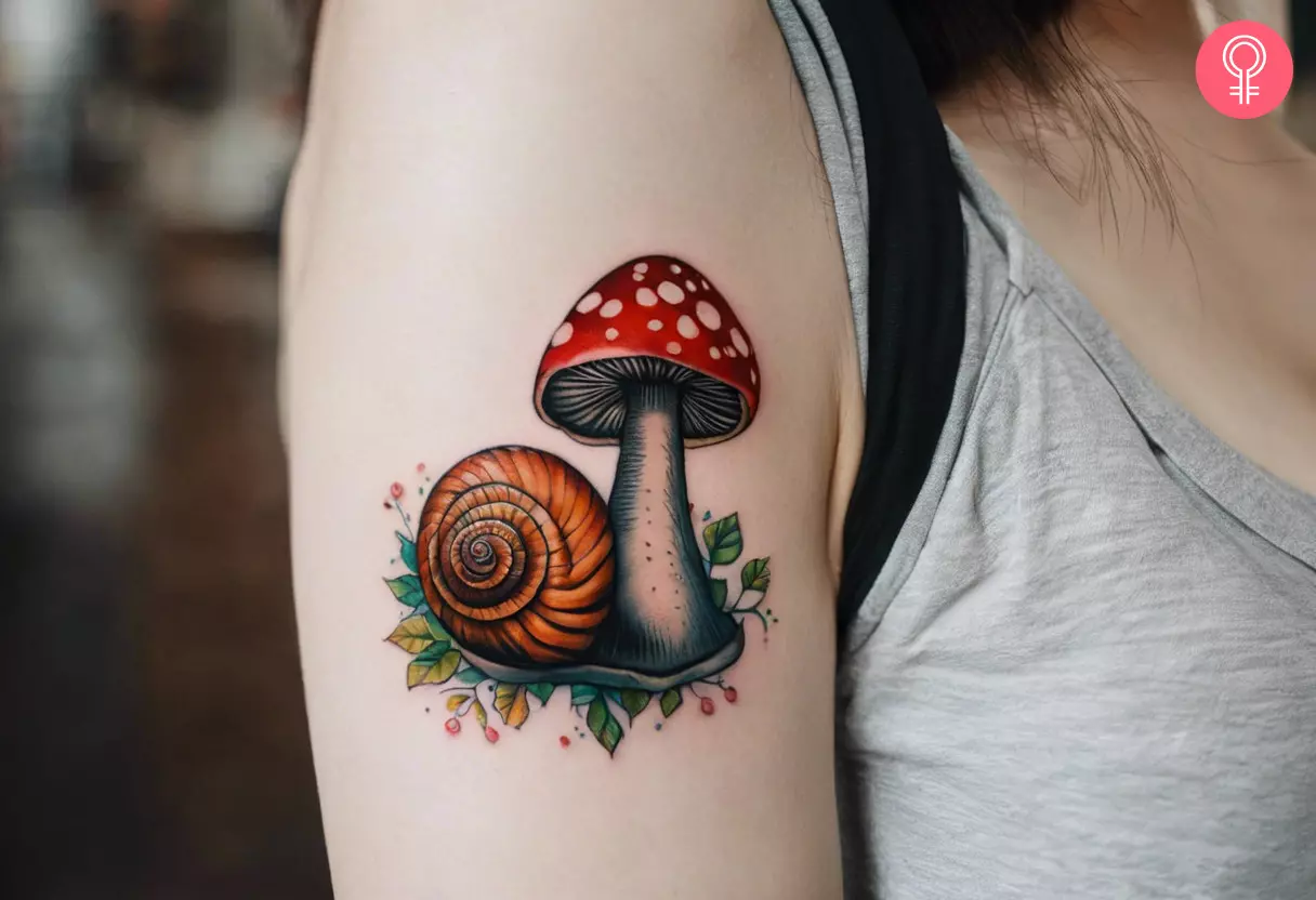 Snail mushroom tattoo on the upper arm