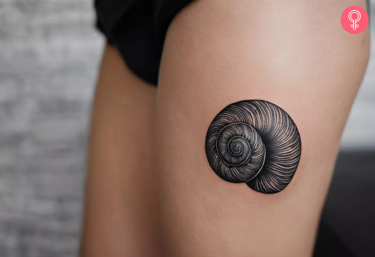 Snail shell tattoo on the thigh