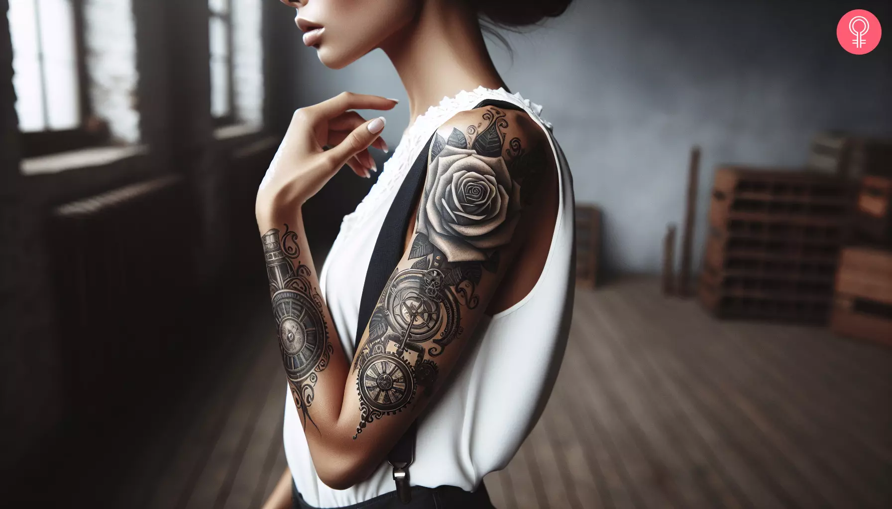 Steampunk flower design tattoo on the back of a woman