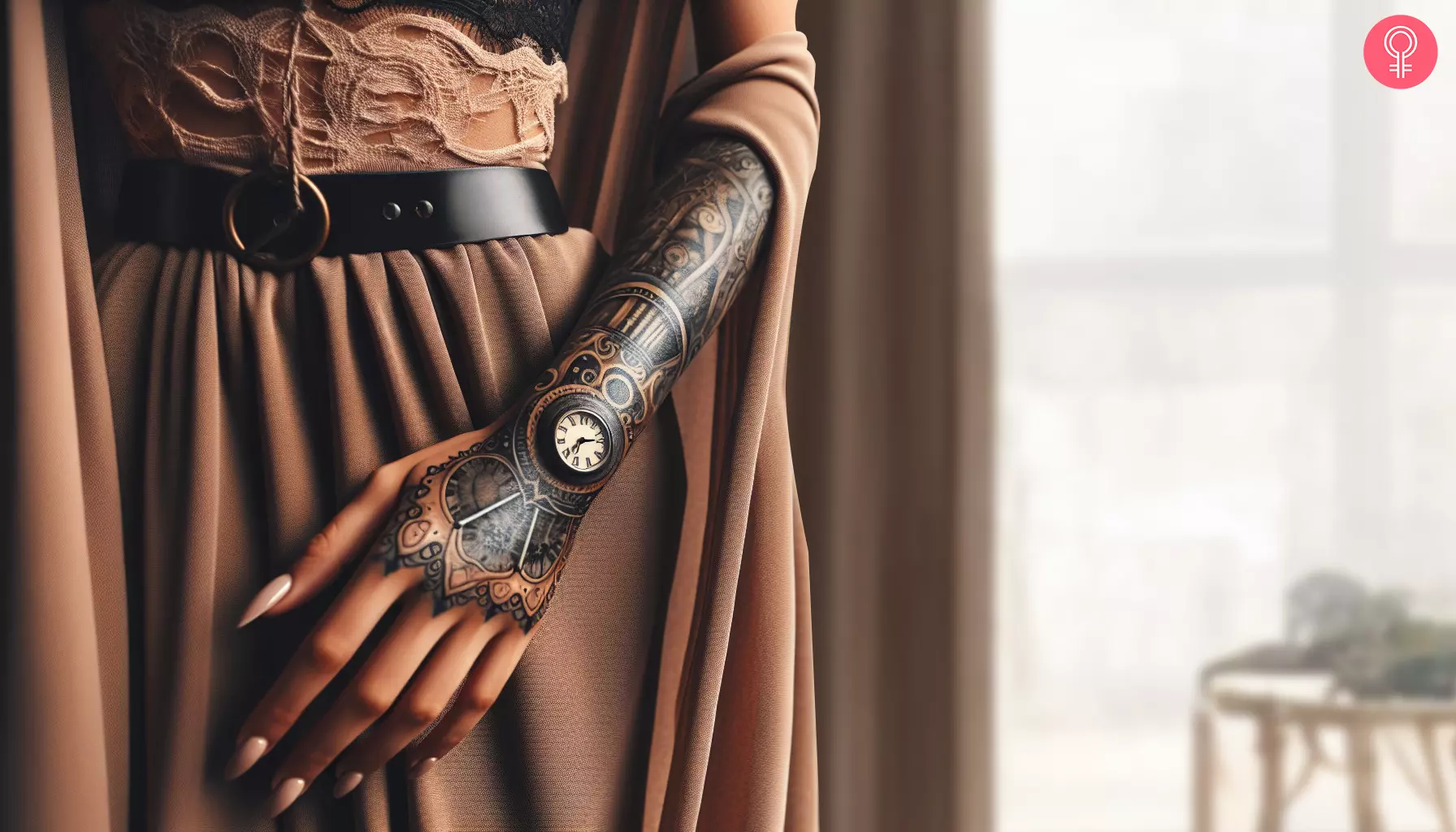 Steampunk tattoo on the back of the hand of a woman