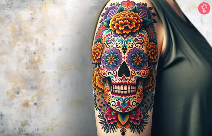 sugar skull with marigold bicep tattoo