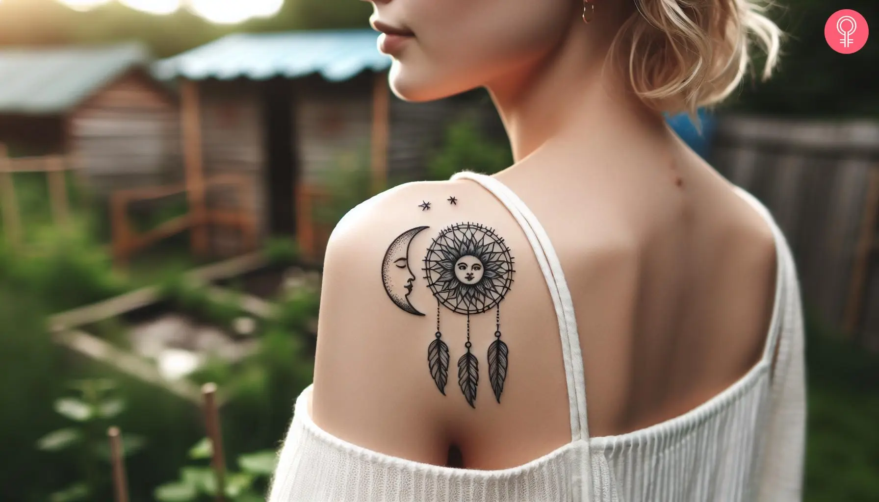 A fine-line sun and moon dreamcatcher tattoo on the back of a woman’s shoulder