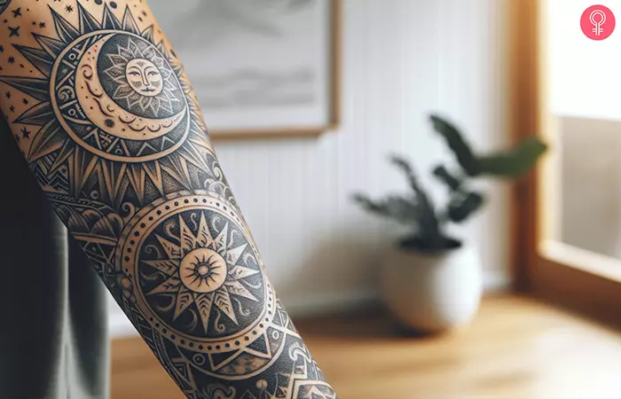Sun and moon tribal tattoo sleeve