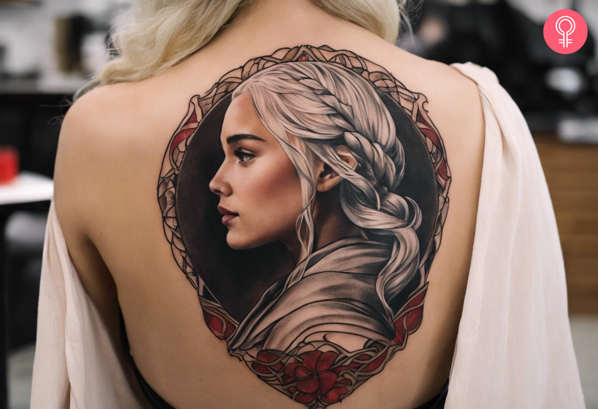 A side portrait of Daenerys Targaryen on the back
