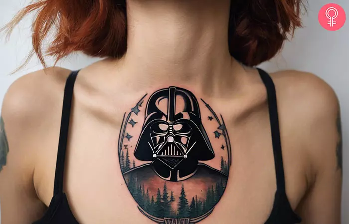 Tattoo of Darth Vader on a woman’s chest