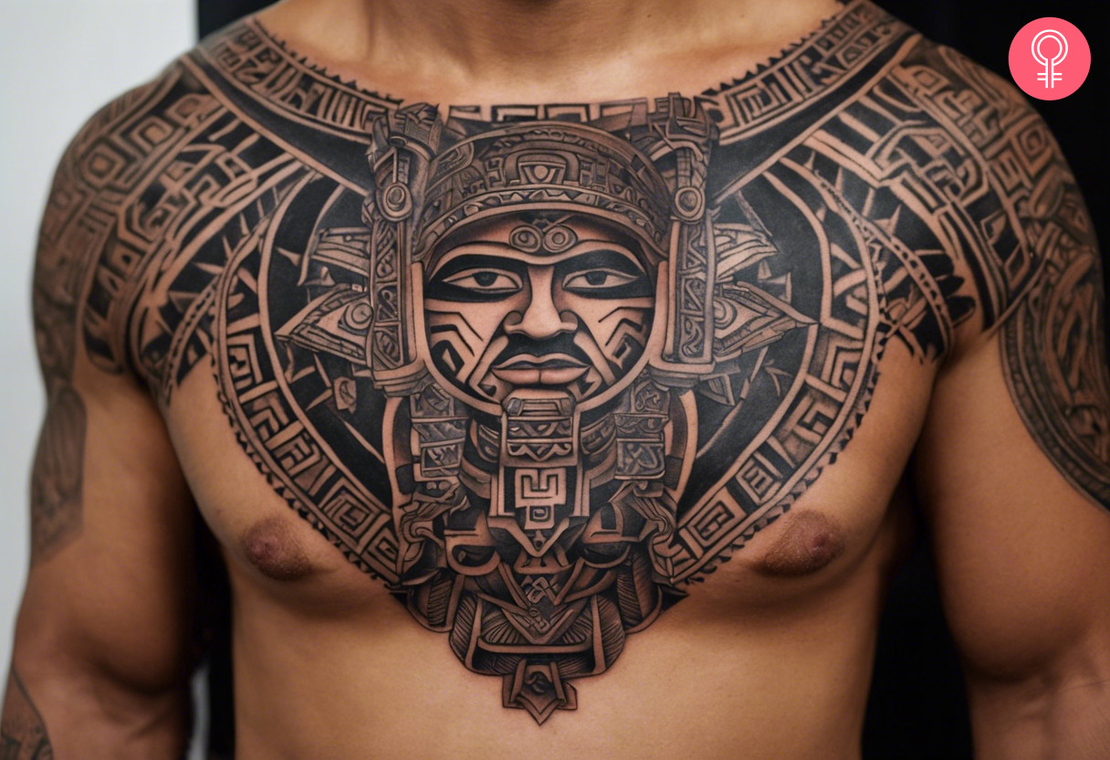 Tattoo of an Aztec God on a man’s chest