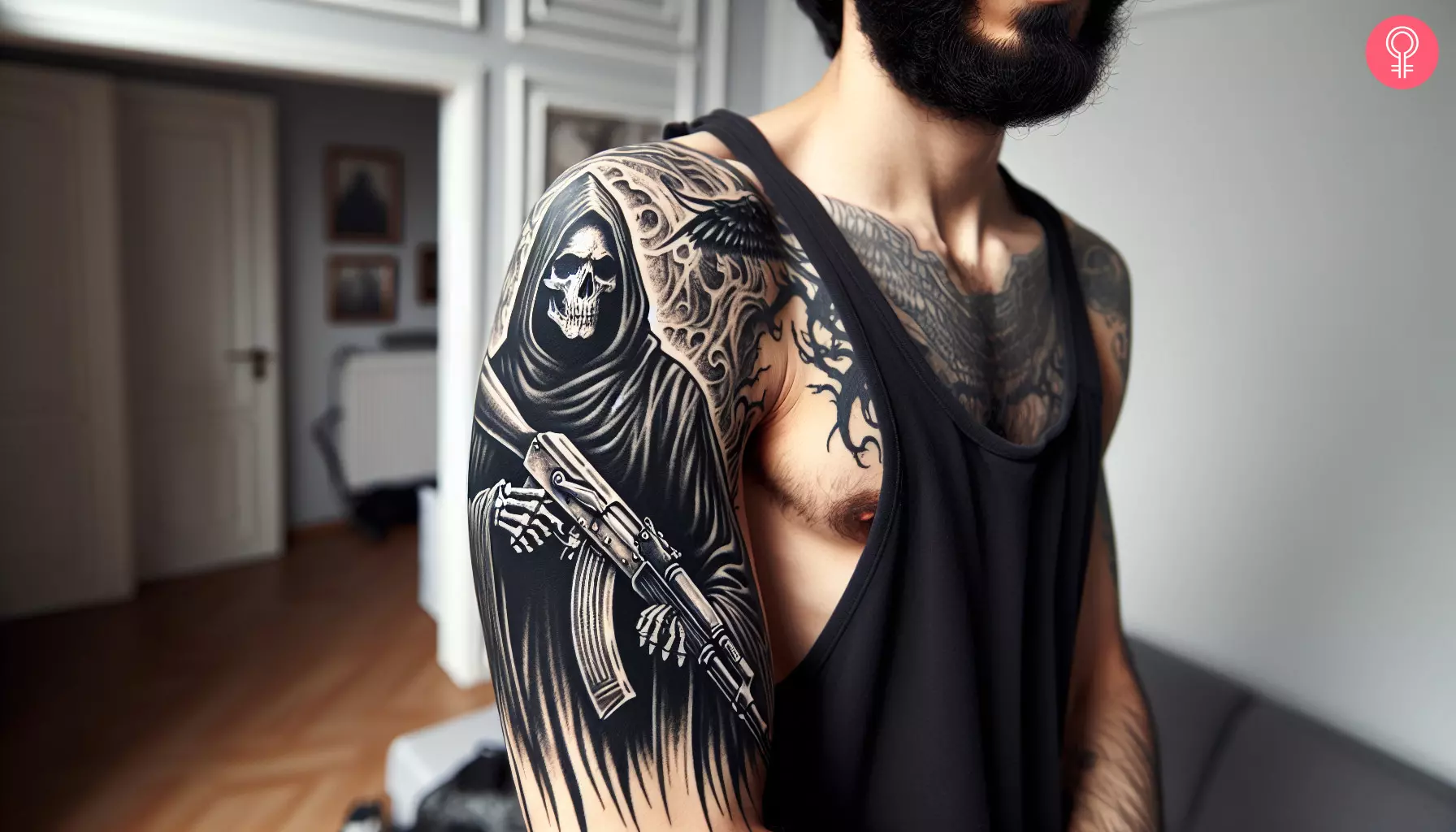 Tattoo of an imposing Grim Reaper holding an AK-47