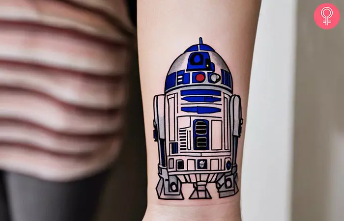 Tattoo of the R2-D2 robot on the wrist