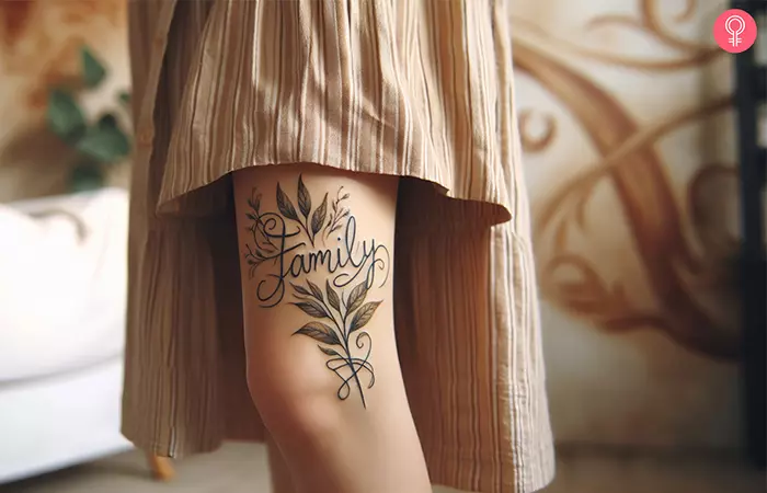 A text above knee tattoo
