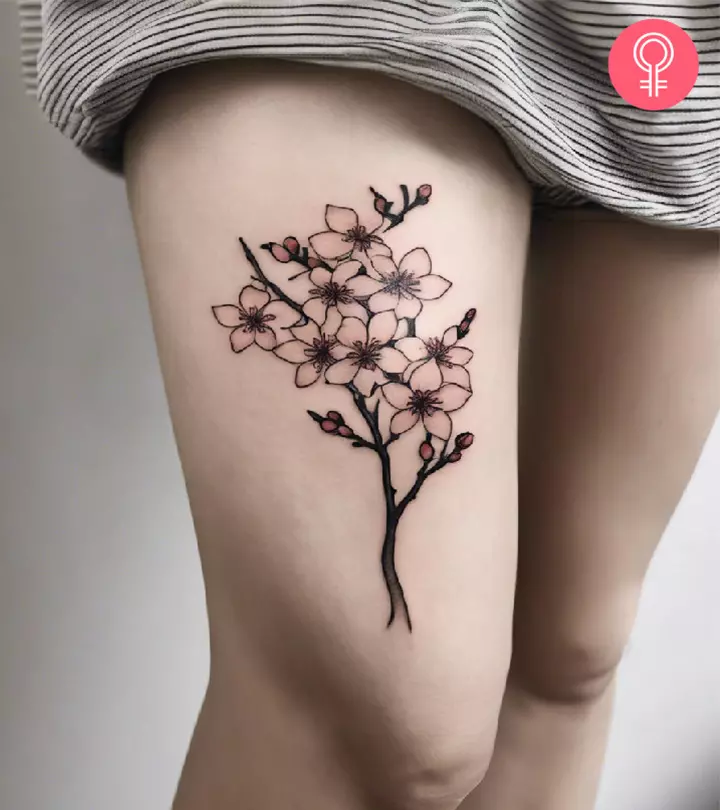 An above knee tattoo of cherry blossoms