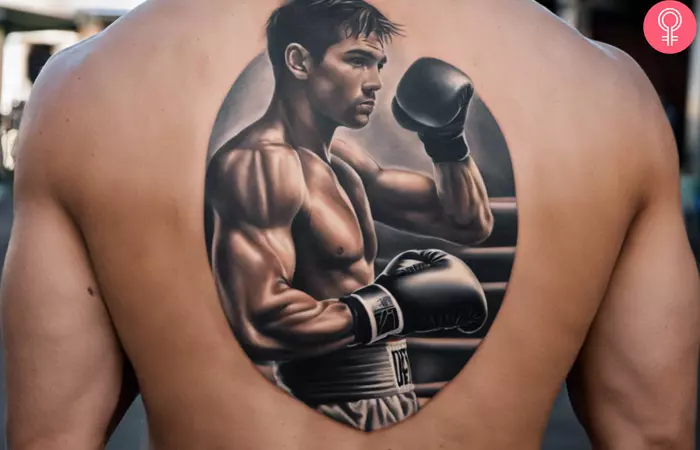 Man with a traditional boxing tattoo on his back