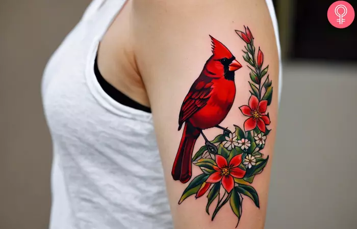 woman with traditional Cardinal Tattoo on her upper arm