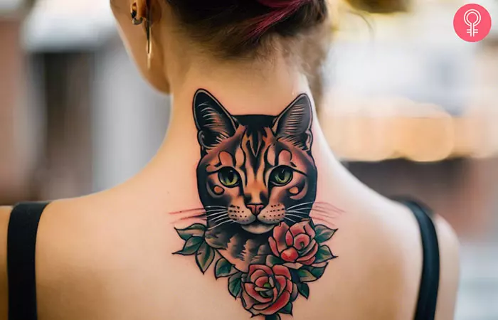 A traditional cat tattoo on the nape