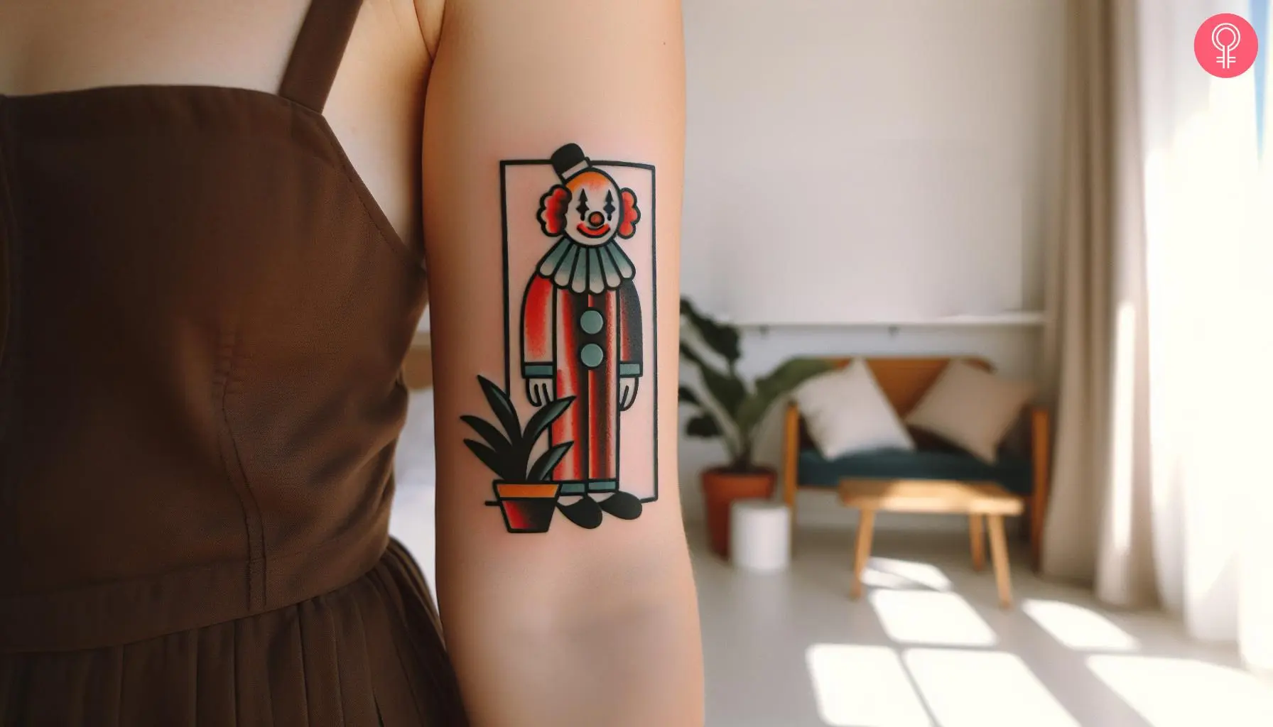 A traditional clown tattoo on the upper arm of a woman