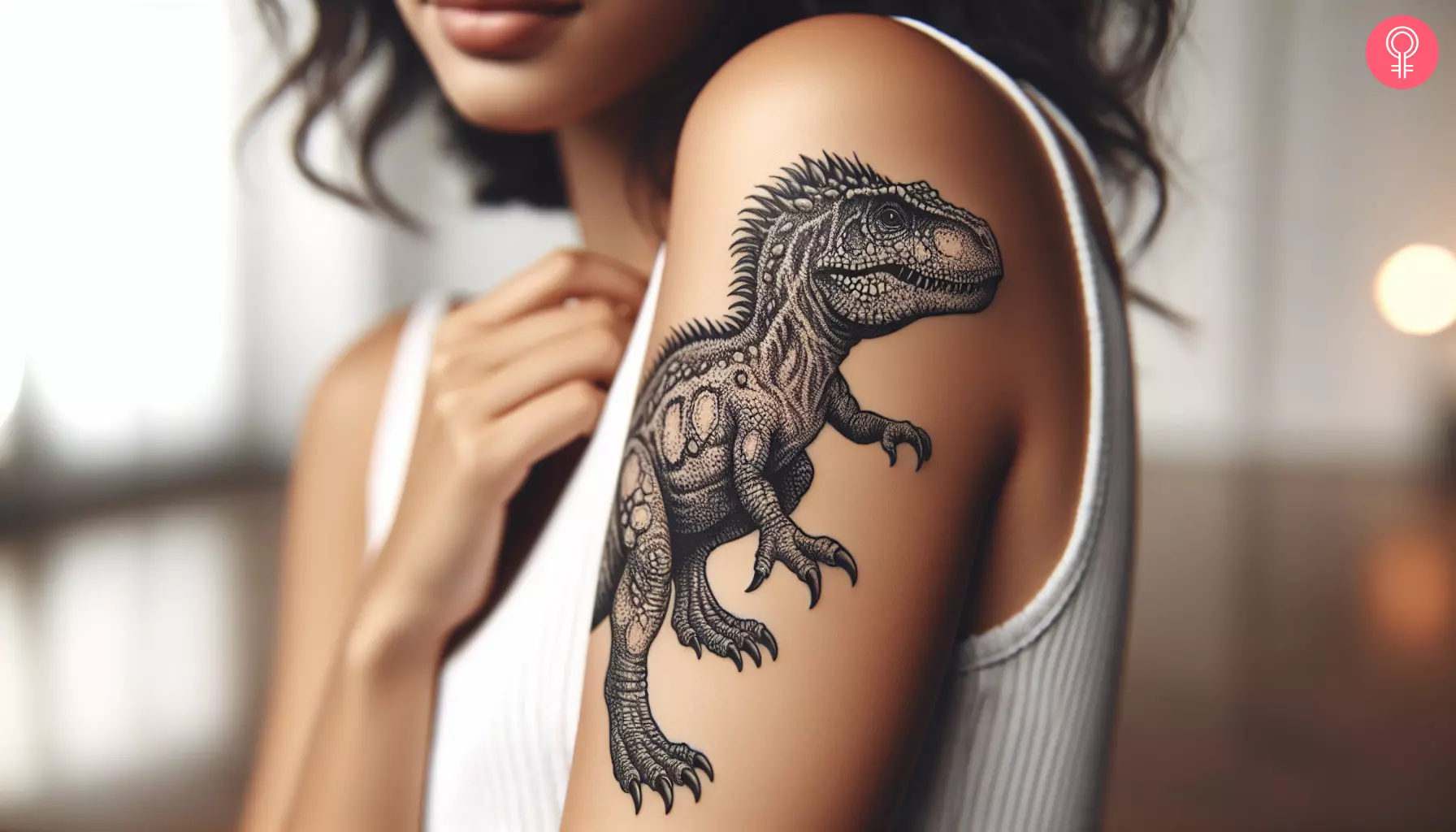 A woman with a traditional dinosaur tattoo on her upper arm