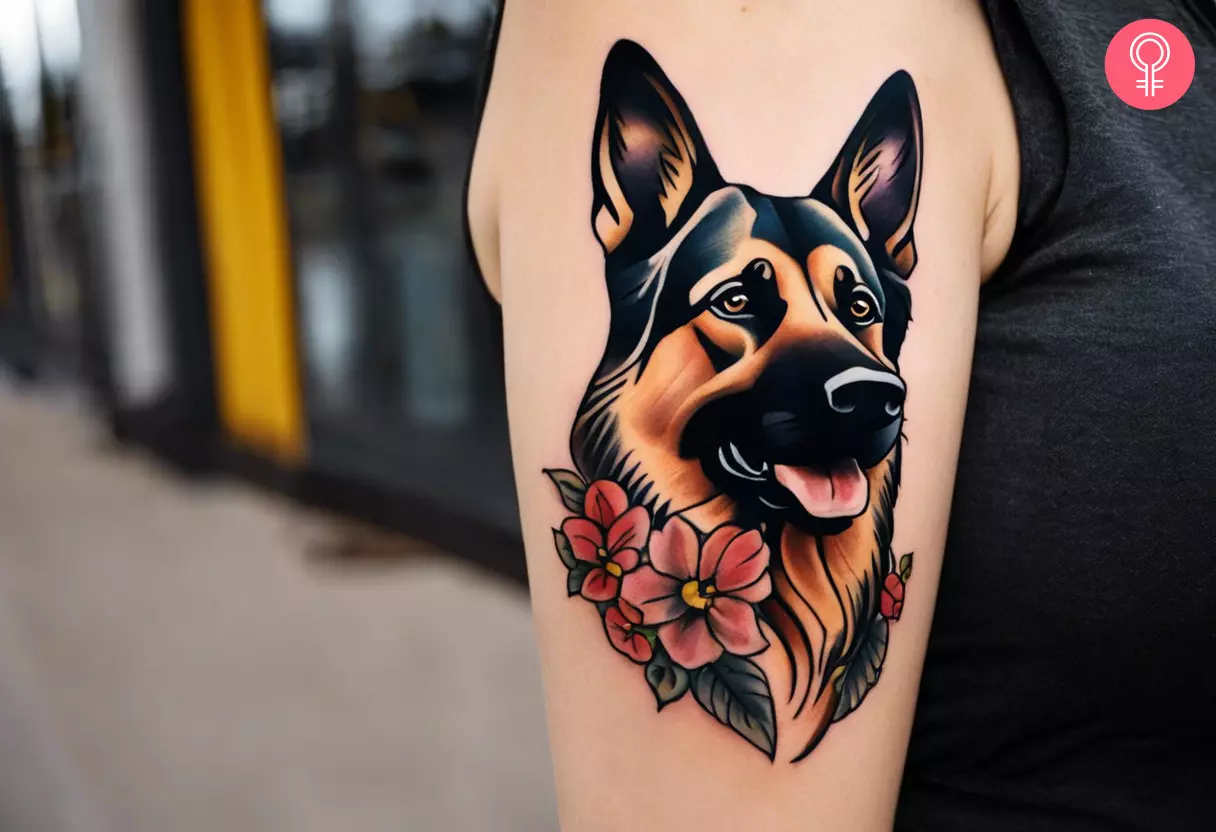 Woman with a traditional German shepherd tattoo