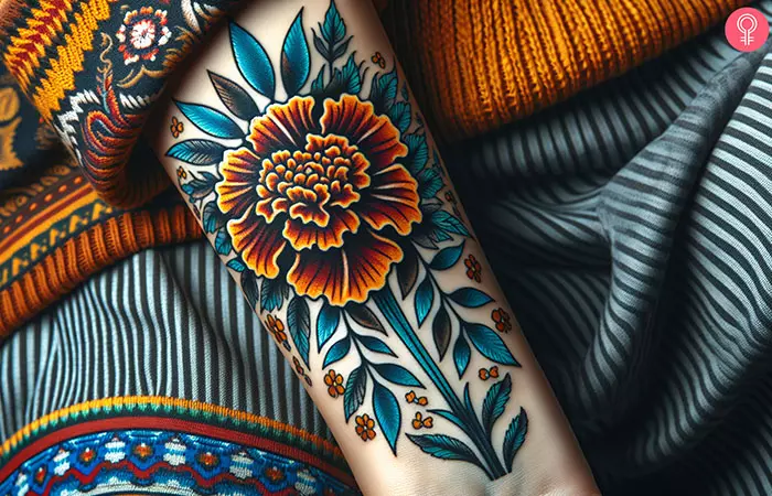 A traditional marigold with leaves tattoo on the bicep