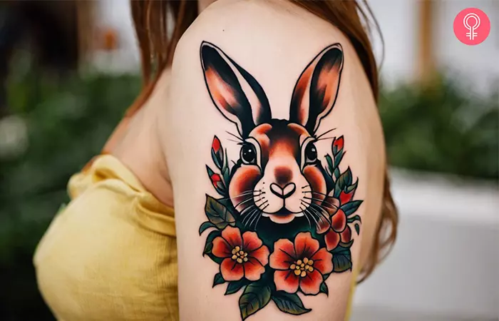 A woman with a traditional rabbit tattoo on the upper arm