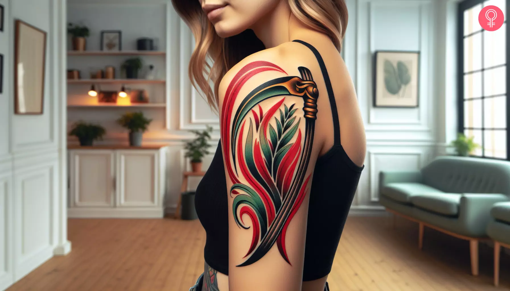 A traditional scythe tattoo on the upper arm