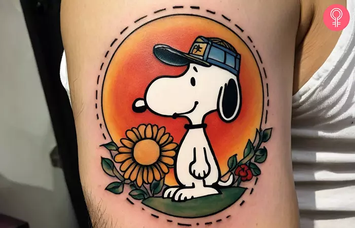 Traditional Snoopy tattoo on the upper arm