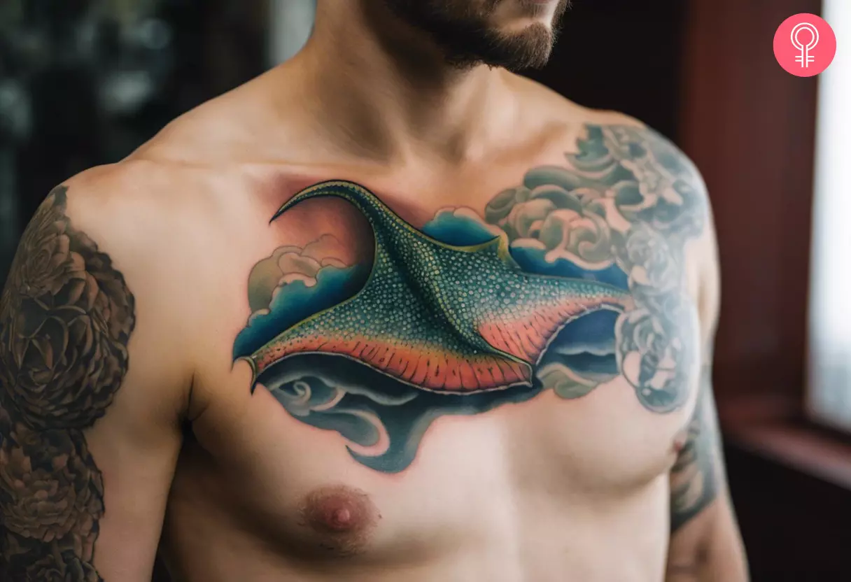 A traditional stingray tattoo on the chest