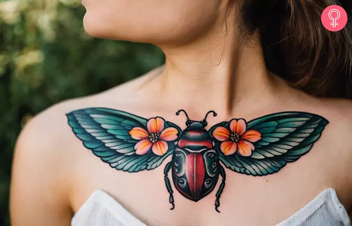 Traditional beetle tattoo on the front shoulder