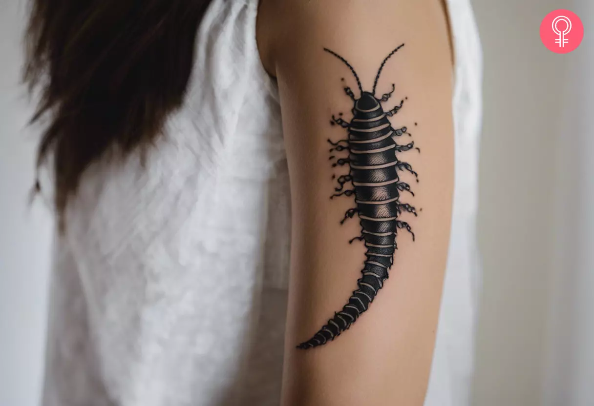 Traditional centipede tattoo on the upper arm