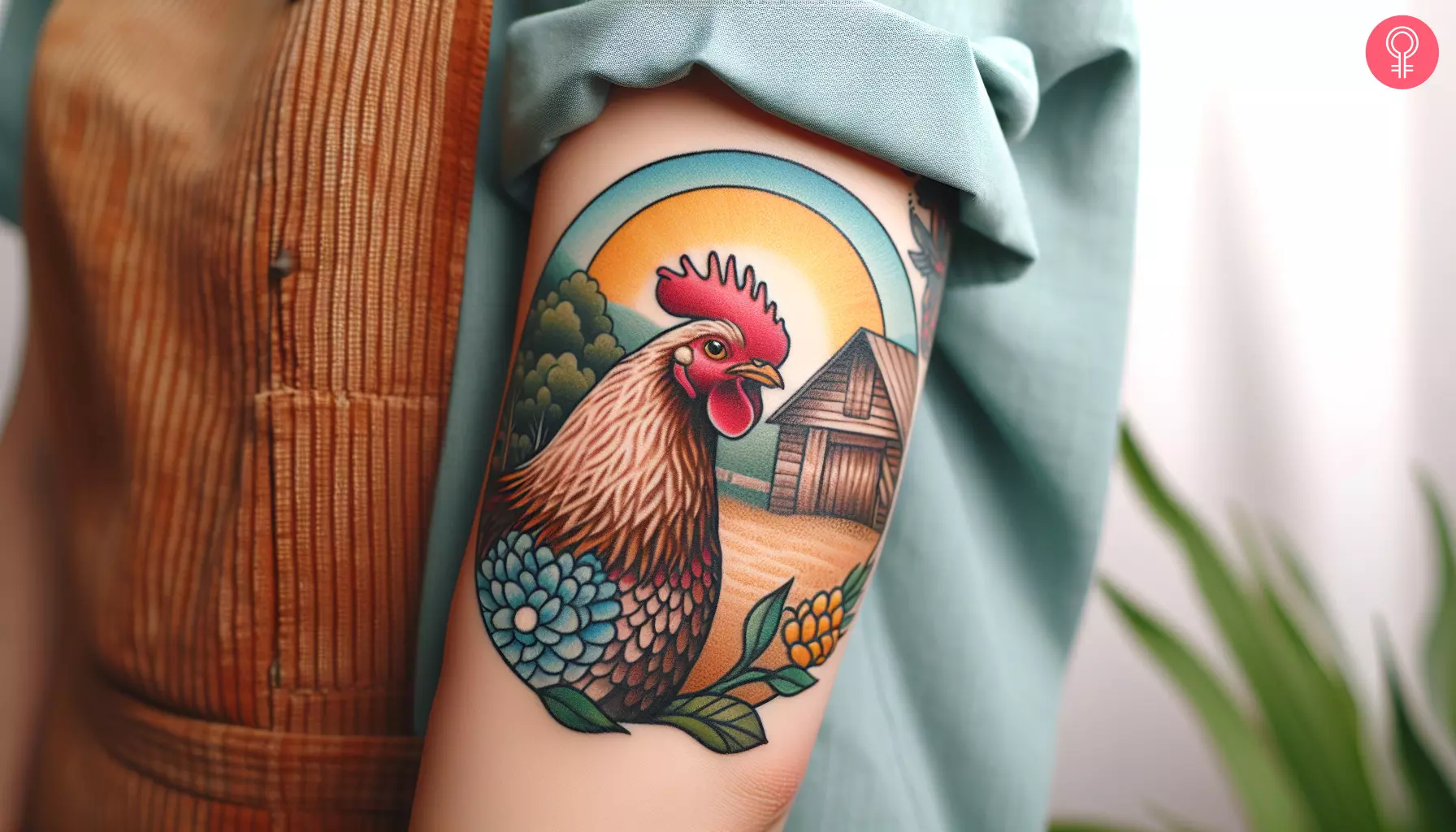 Traditional chicken tattoo on the upper arm