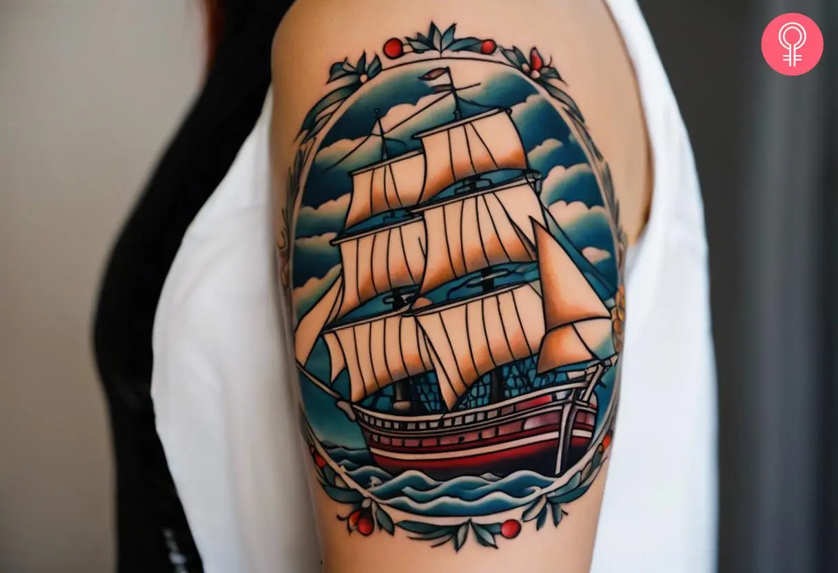 Traditional ship tattoo on the arm of a woman